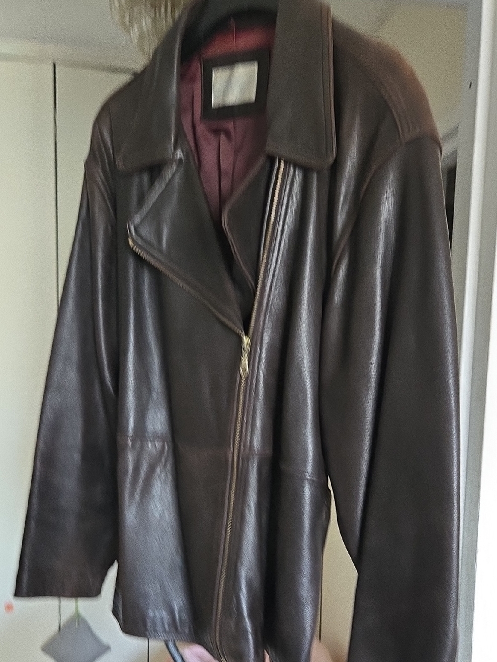 Lord & Taylor Dark Brown Leather Bomber Jacket with Burgundy Lining